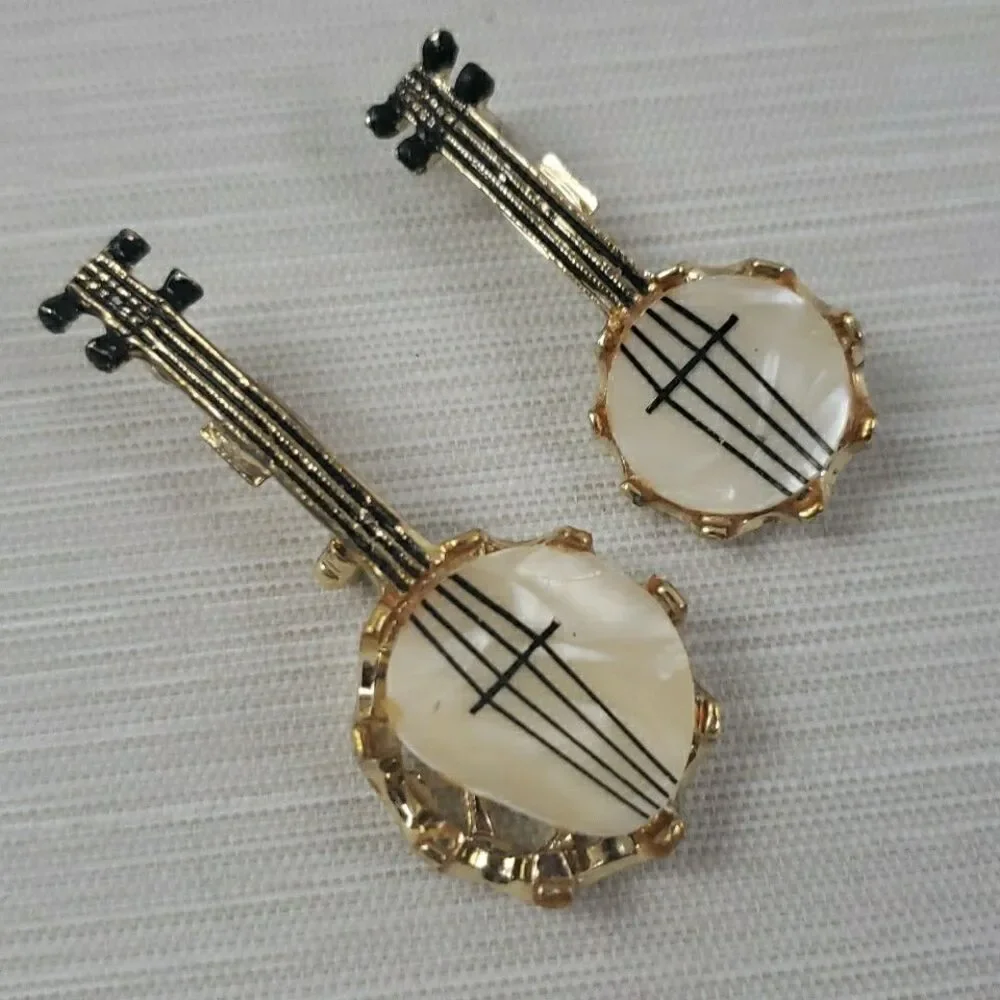 VTG Mother of Pearl Banjo Brooch Pins Gold Tone Musician Stringed Instrument MCM